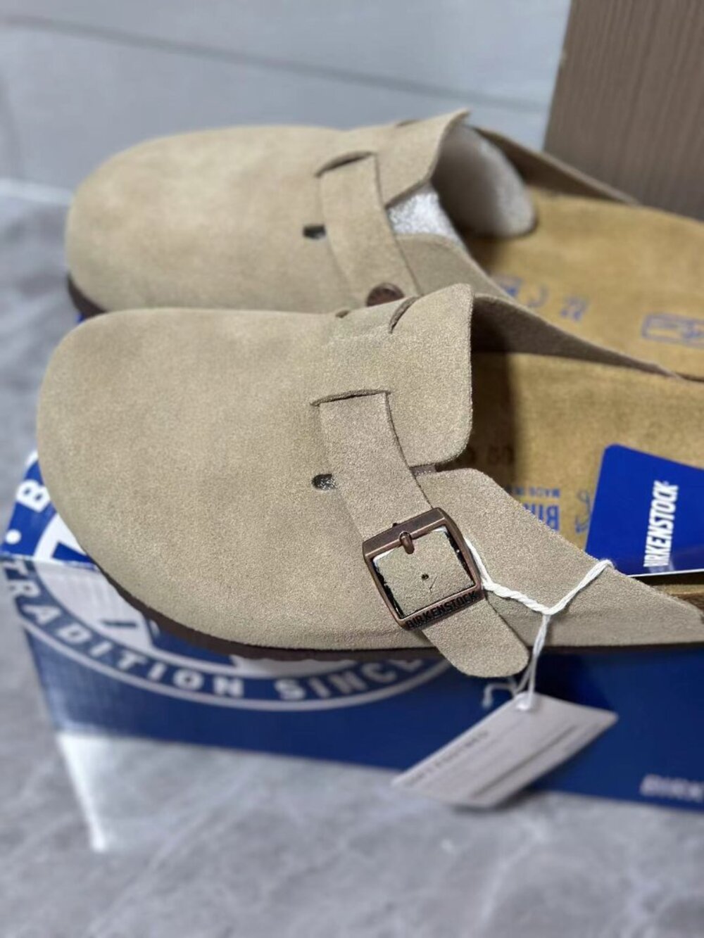 Birkenstock Boston Soft Footbed Suede Clogs in Taupe